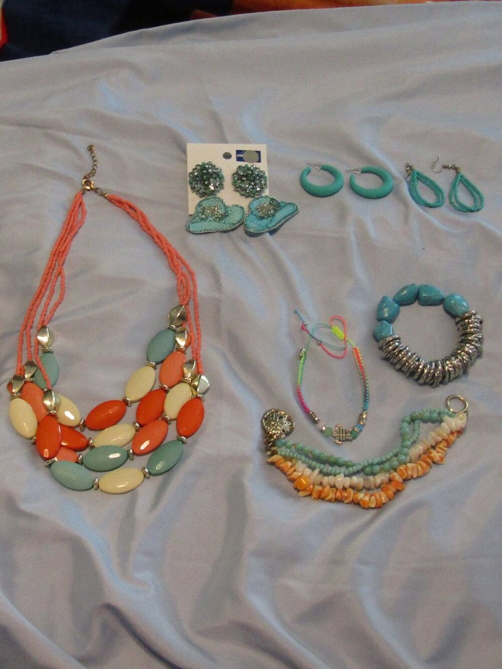 Lot Turquoise & Coral 8 Piece Costume Jewelry 2 Necklaces 3 Earrings 3 Bracelets